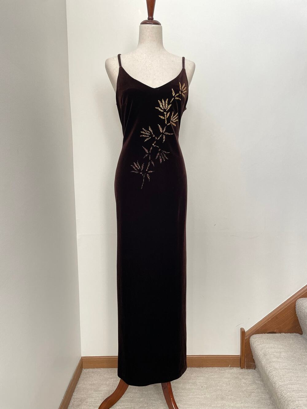 Vintage 90s Y2K Blondie Nites Velvet Maxi Dress 9/10 Brown Shimmer Floral Gown